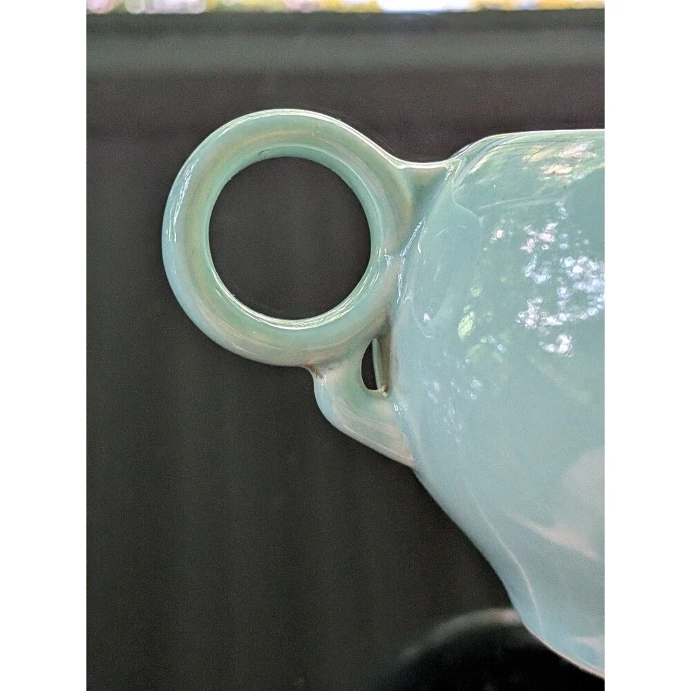 Mid Century Modern Vintage Mist Green Aqua Pottery Sugar Bowl Detailed Handles